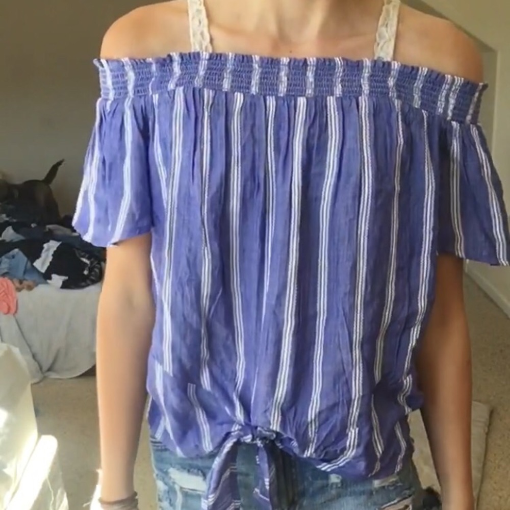 Blue/white striped off the shoulder top with tie